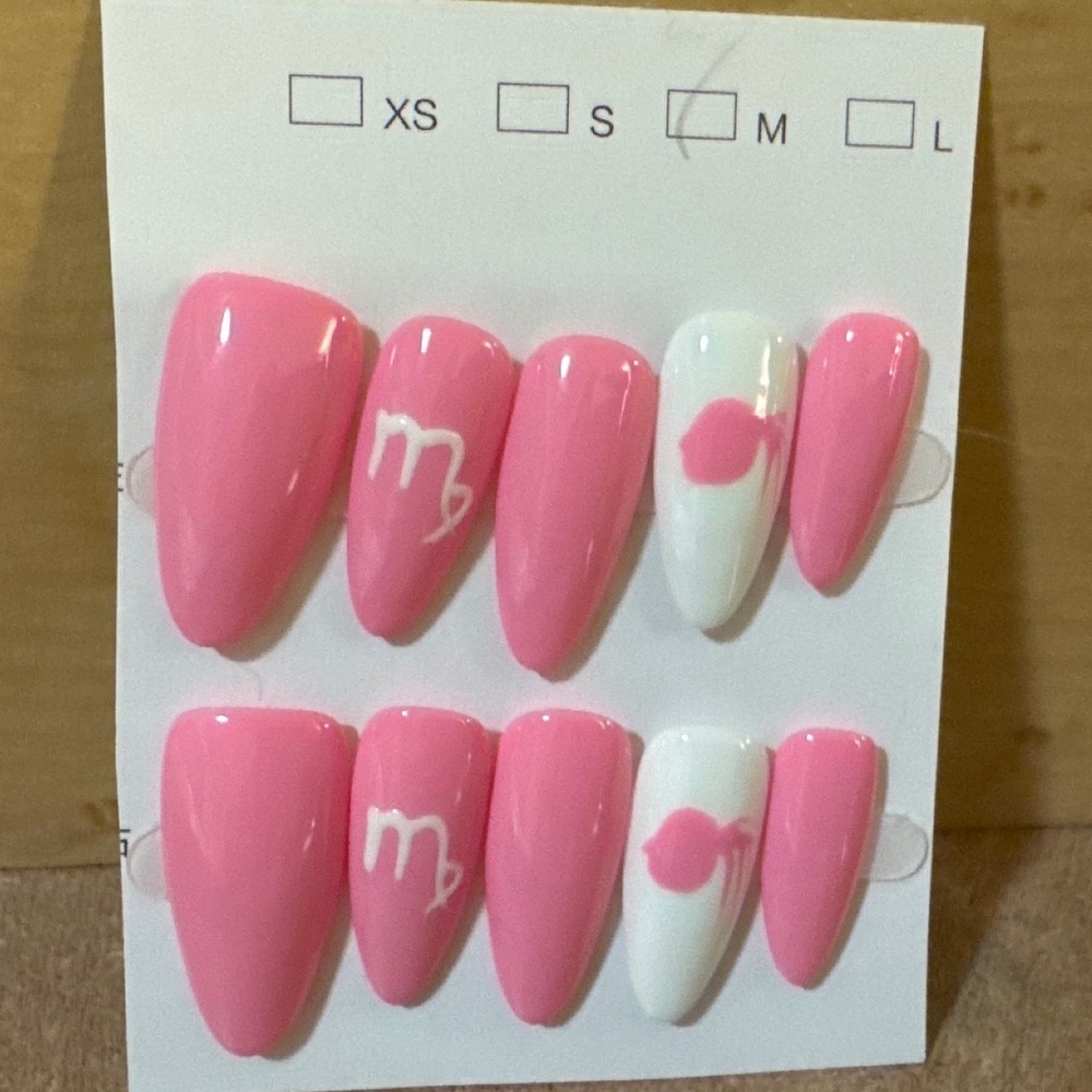 Virgo Zodiac Press On Nails Pink White Almond Shape Medium Size Astrology Art